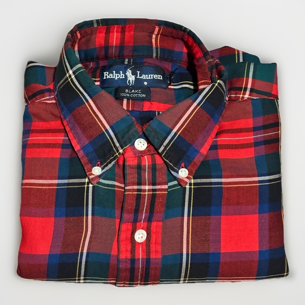 Ralph Lauren Mens L Red Blue & Green Blake Plaid Button Up 100% Cotton Preppy